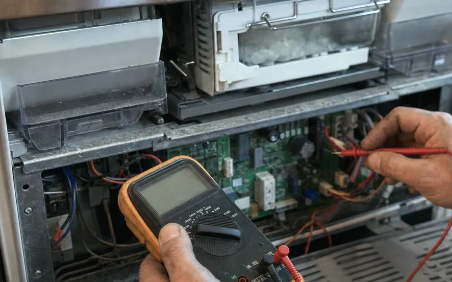 Technician probing a green control board with an orange multimeter beneath an open ice maker module.