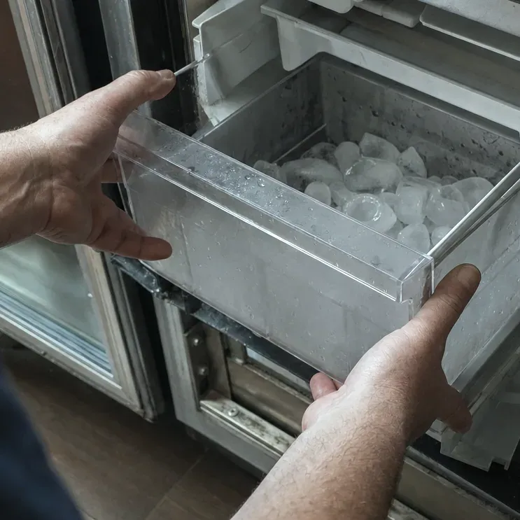 Hands lifting a clear ice bin filled with cubes out of a stainless undercounter unit.