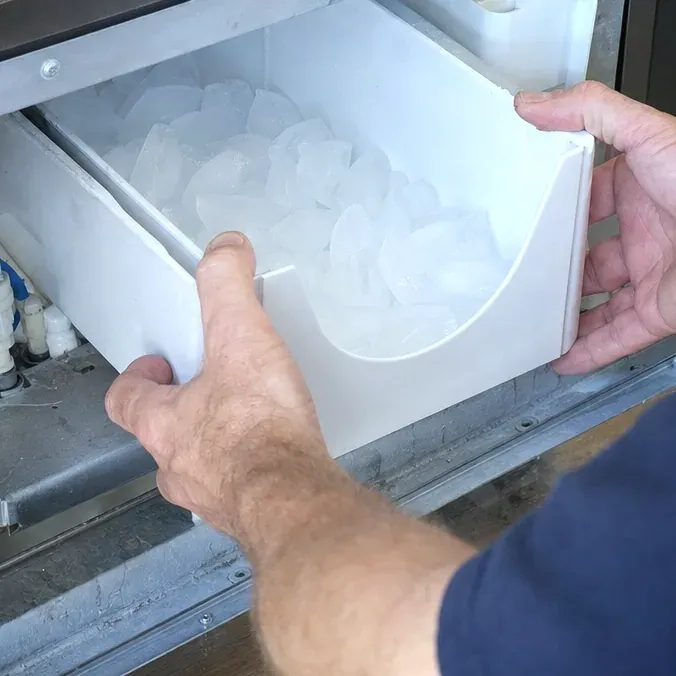 Hands holding a white ice bin of cubes as it is drawn out of the ice machine compartment.