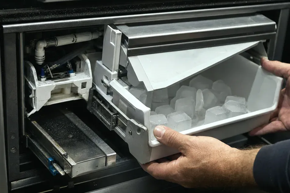 Hands sliding a white ice bin out of its compartment, the ice maker mechanism and water fittings exposed behind it.