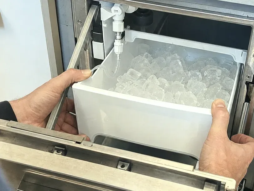 Two hands lifting a white ice bin full of cubes out of an open stainless ice drawer.
